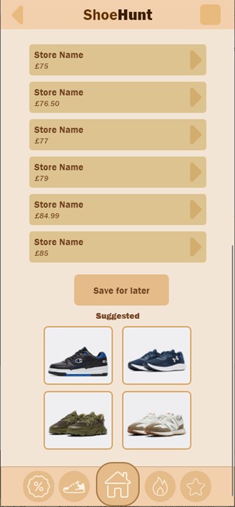 Product info (2) - links to different retailers, save button and suggested shoes